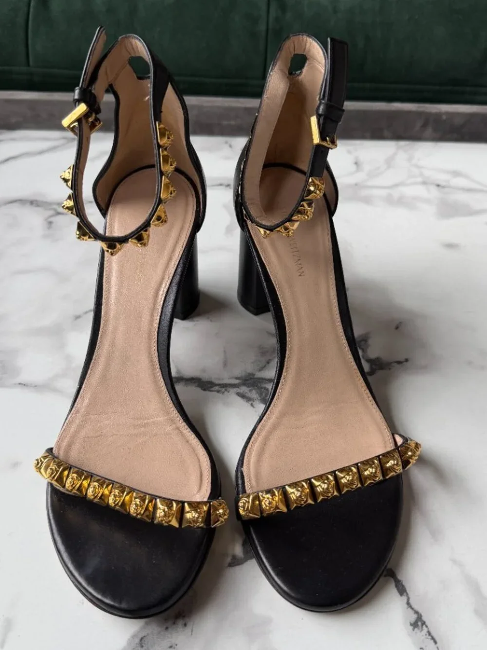 Stuart Weitzman Rosemarie Black Leather Studded Sandals Size 9.5